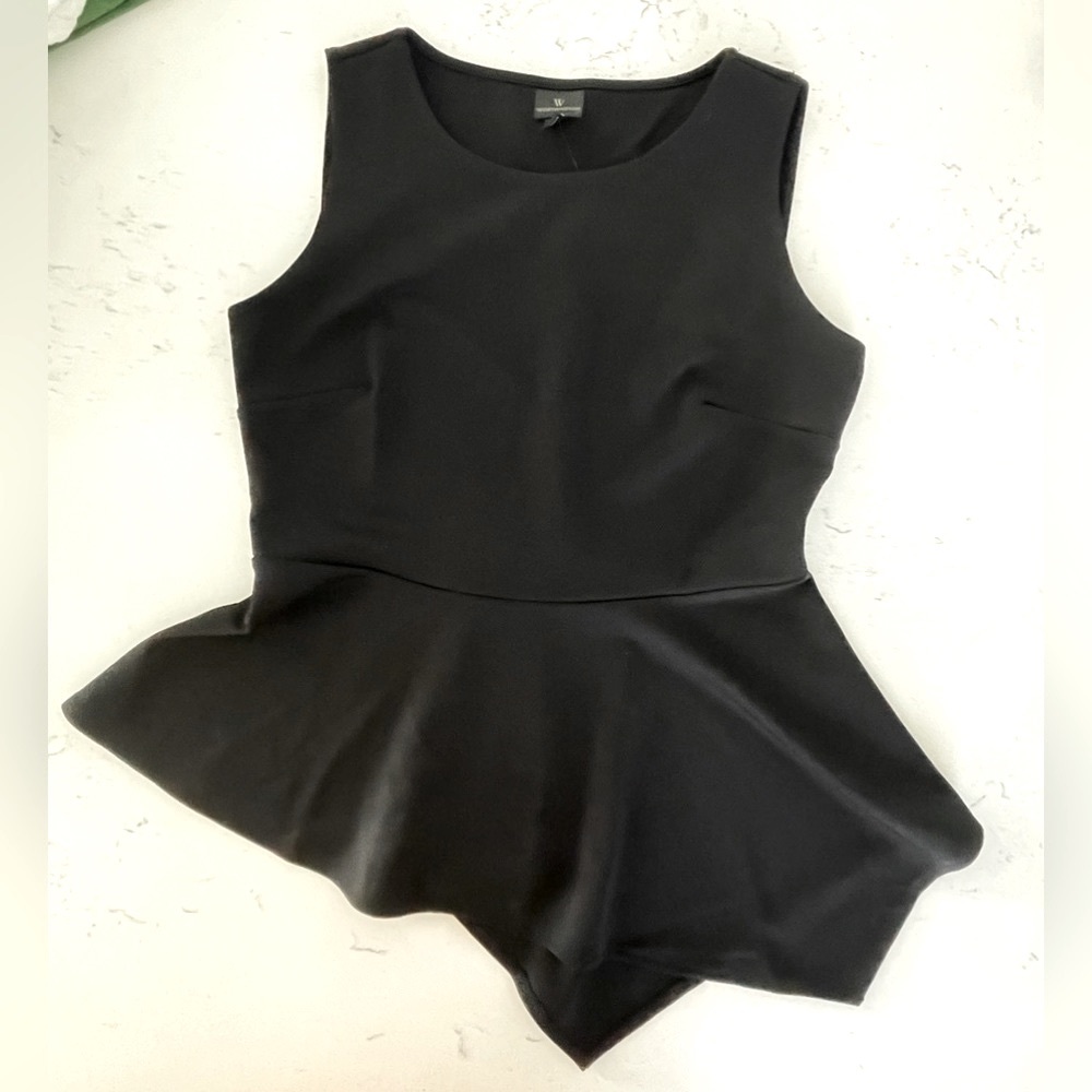 Worthington Black Sleeveless Peplum Blouse Top Asymmetrical Hem Size M NWT